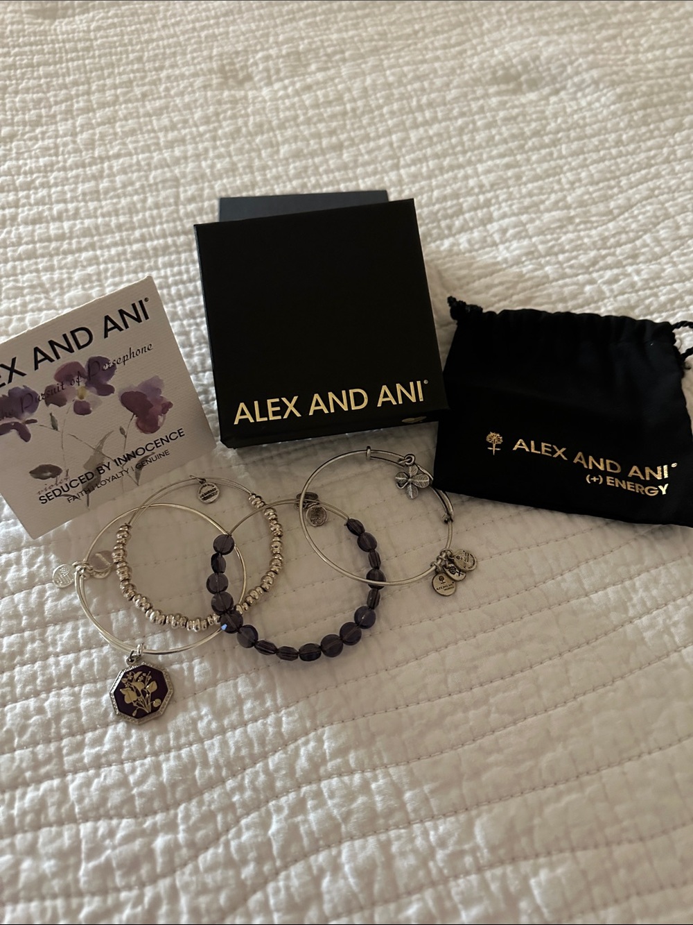 Alex and Ani Purple Bead and Silver Charm Bracelet Set